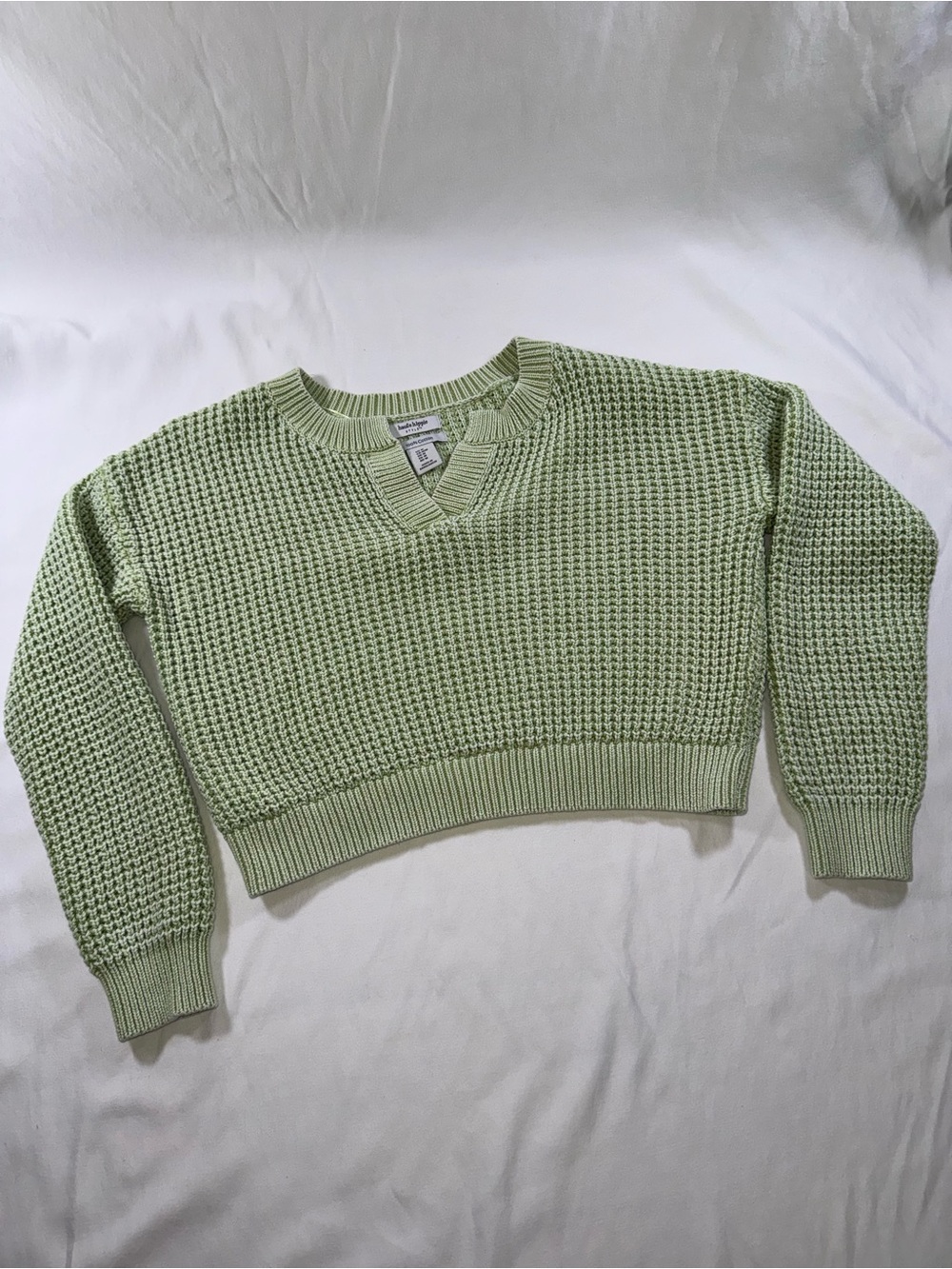 Light Green Cropped Waffle Knit Sweater - Women